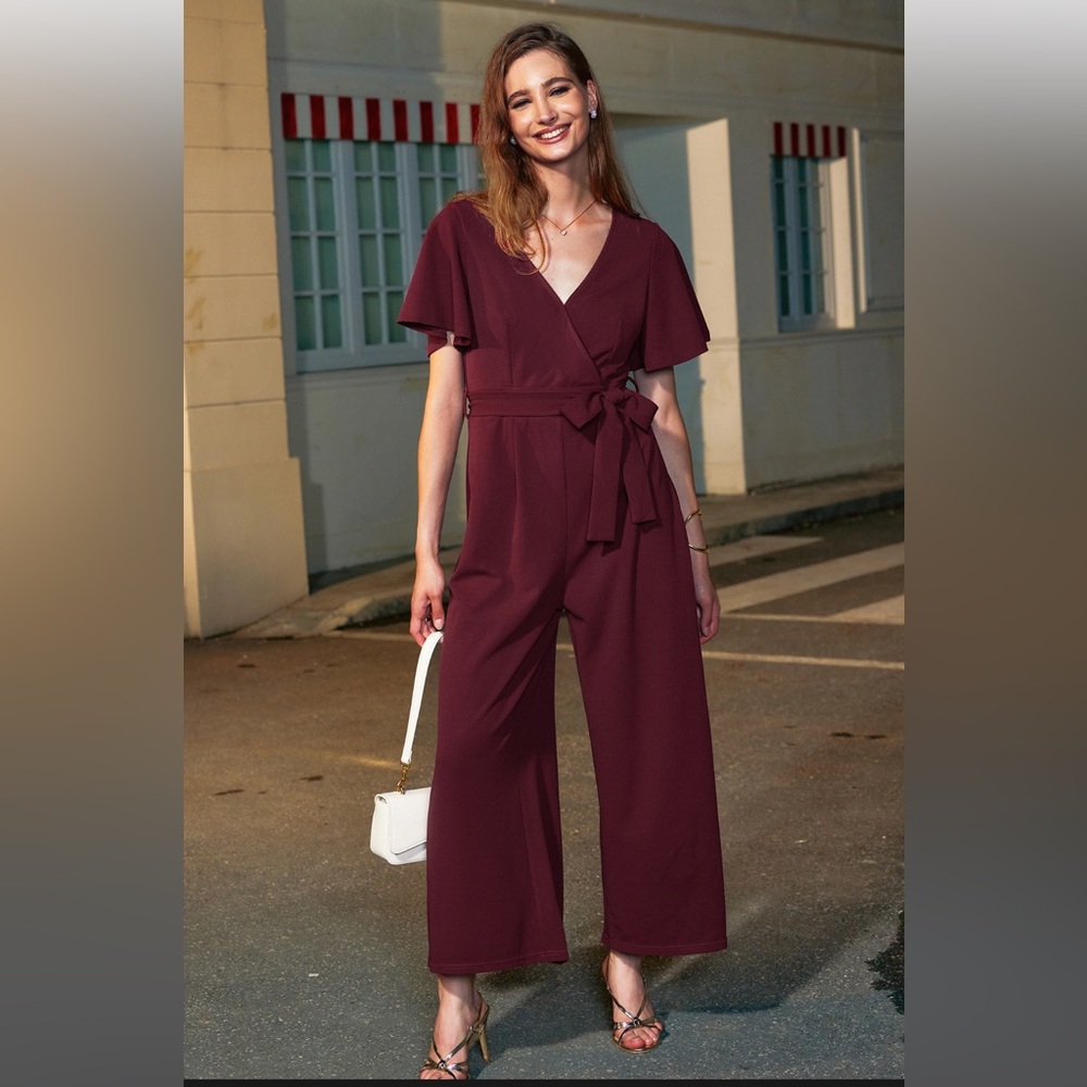 Like New French Connection Burgundy Belted Jumpsuit